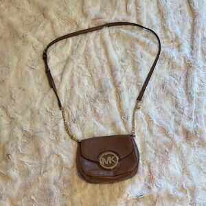 Michael Kors Tan Leather Crossbody Saddle Bag with Gold Hardware